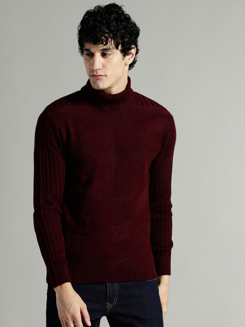 Roadster Self Design Turtle Neck Casual Men Maroon Sweater