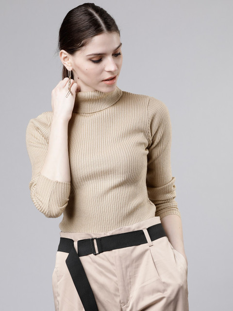 Tokyo Talkies Solid Turtle Neck Casual Women Beige Sweater