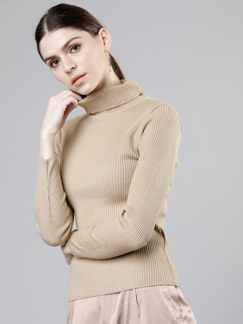 Tokyo Talkies Solid Turtle Neck Casual Women Beige Sweater