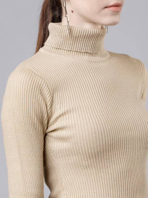 Tokyo Talkies Solid Turtle Neck Casual Women Beige Sweater