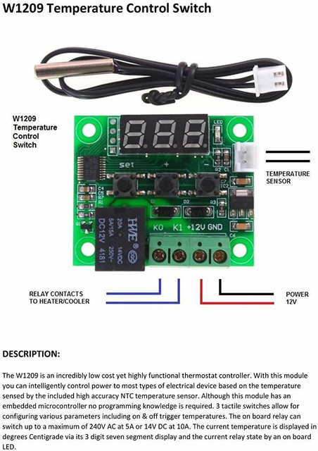 DC 12V-50-110°C w1209 Digital Thermostat Temperature Control Switch Sensor Blue