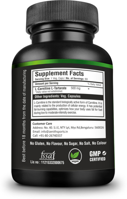 Zenith Nutrition L-Carnitine 500mg, 240 Capsules (60 caps x 4) | Fat Burner | Boosts Energy Price in India