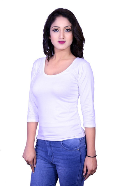 Deep Collection Solid Women Scoop Neck White T-Shirt