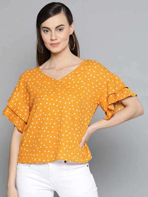 HARPA Casual Half Sleeve Polka Print Women Yellow Top Buy HARPA
