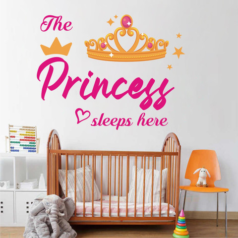 The Princess Sleeps Here Wall Decal – Crown & Text Removable PVC Sticker For Baby Girl’s Room