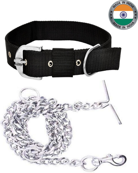 BODY BUILDING Dog Belt Combo of inch Black Dog Collar Belt with Dog  Chain Specially for Big Dogs Lengthy Dog Collar Chain
