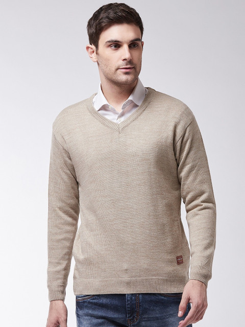 Sweven Solid V Neck Casual Men Beige Sweater
