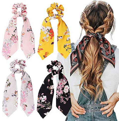 HNB23 4Pcs Hair Scrunchies Silk Satin Scarf Hair Ties Elastic Hair Bands  Ponytail Holder Flower Printed Hair Bobbles Vintage Accessories for Women  - Main Image