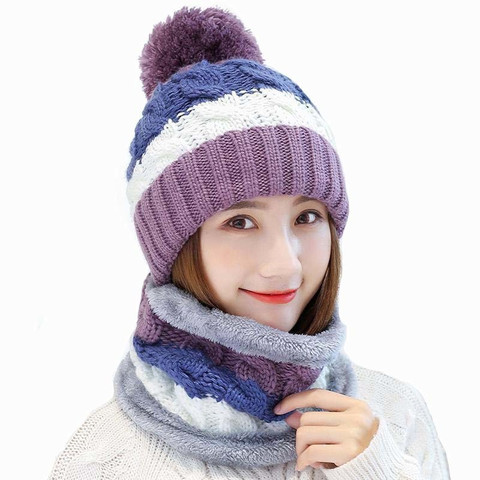 AlexVyan Purple Winter Warm Woolen Twist Cap (Inside Fur) Neck