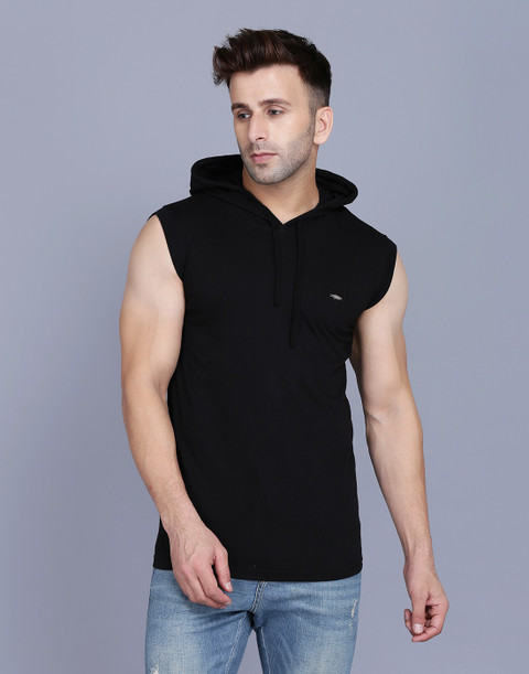 Menkovy Solid Men Hooded Neck Black T-Shirt