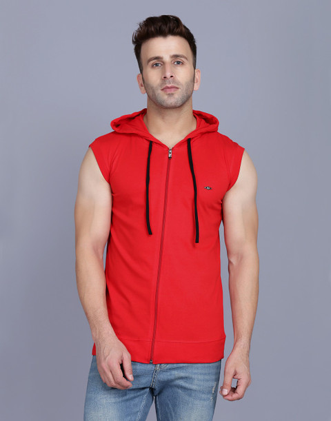 Menkovy Solid Men Hooded Neck Red T-Shirt
