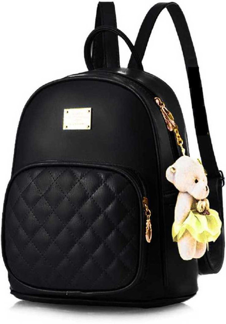 Belwa Small L Backpack PU Leather Teddy Keychain Stylish and Trending  High Quality Women Backpack for College Office Bag Girls (Black) L  Backpack