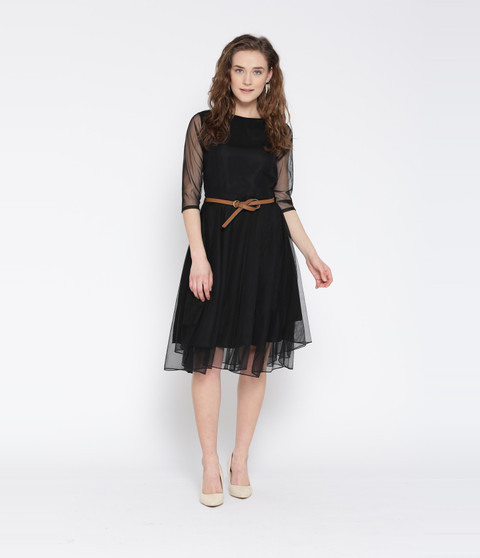 U&F Women Fit and Flare Black Knee Length Dress