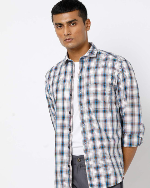 John Players Men Checkered Casual White Shirt