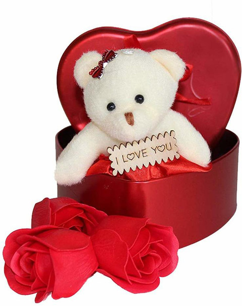 Allflipn Cute Heart Shape Gift Box with Teddy Artificial Beautiful Rose  30 cm
