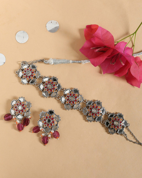 Voylla Thikri Enameled Floral Motifs Necklace Set Silver Plated