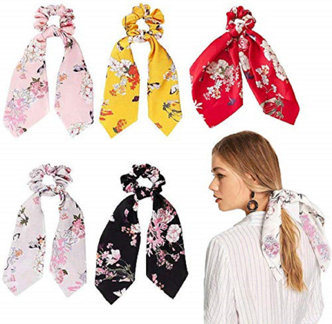 ONLINE JUNCTION Women Hair Ribbon Scrunchies Ties Satin Floral Scarf  Chiffon Hair Bands Ponytail Holders Scrunchy Girls Elastic Bow Accessories 