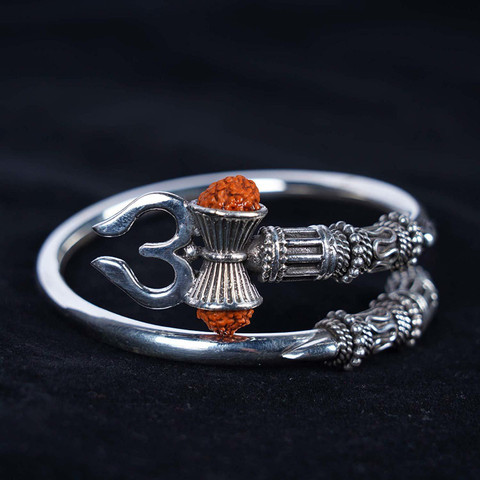 vrindavan shopi Designer Silver Oxidized Shiva Trishul Rudraksha Damroo  Kada Bracelet Bangle for Men and Boys Silver Ring