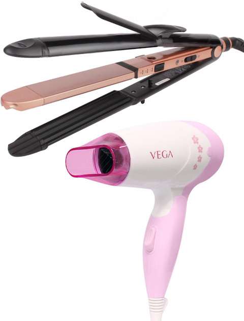 VEGA in Keratin Hair Styler Straightener, Curler and Crimper  (VHSCC-03), Rose Gold Blooming Air 1000w Compact and Foldable Hair Dryer 