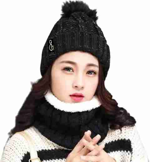 REFFER women Winter Woolen Beanie Cap with Scarf Set Stretch Warm(Inside  Fur) Lining Winter caps for girls Winter Cap for Women Stylish Latest  Beanie