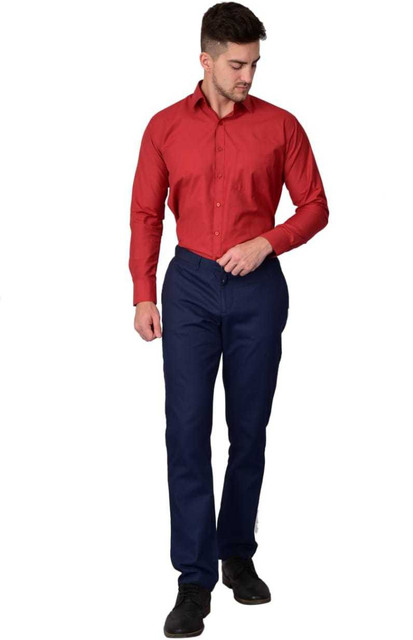 Men Blue Pant With Red Shirt DESIGN UP Men Solid Formal Red