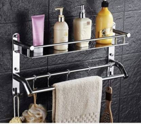 Filox High Grade Stainless Steel Multipurpose Bathroom Shelf with Towel  Holder/Towel Hooks/Bathroom Accessories Wall-Mount (Silver) Stainless Steel 