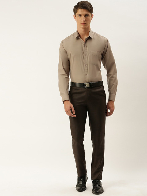 English Navy Men Solid Formal Beige Shirt
