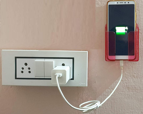 M/S DSNS Wall Mounted Mobile Holder| Mobile Phones Charging Stand Holder  Plastic Wall Mount Charging Stand Mobile wall stand (Red Blue PackOF2)