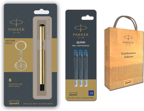 PARKER Vector Gold Fountain Pen With Blue Ink Cartridges and Gift Bag Ball  Pen