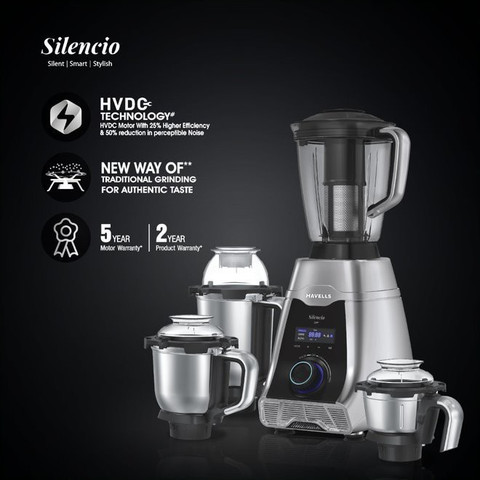 HAVELLS Silencio Low Noise 500 W Mixer Grinder Jars (Grey Black)