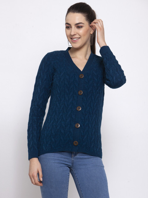 KALT Solid V Neck Casual Women Blue Sweater