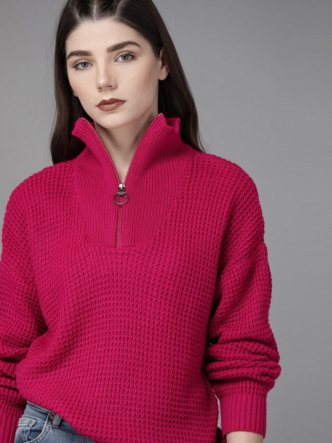 Roadster Self Design High Neck Casual Women Pink Sweater