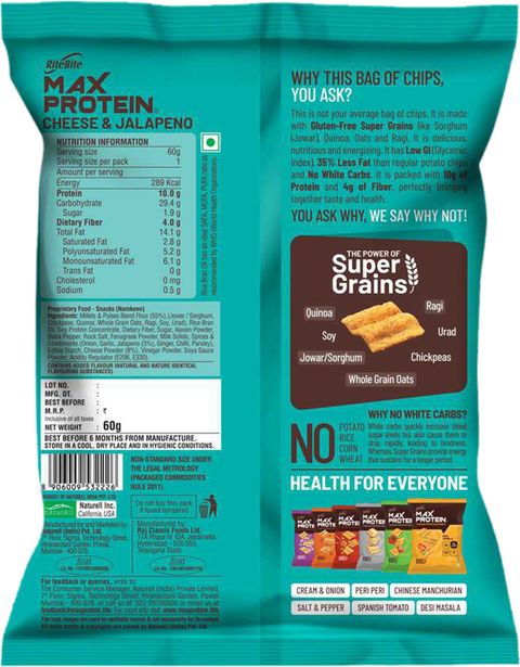 RiteBite Max Protein Cheese & Jalapeno 10 gm Protein Multigrain Chips ...