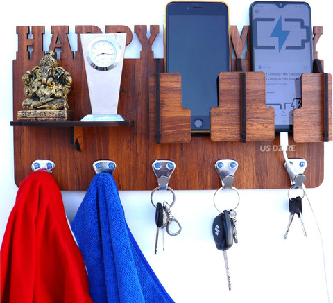 US DZIRE Craft 824 KHN Happy Family Mobile Charging Holder with Shelf, Key  Holder For Home Wooden Wall Shelf