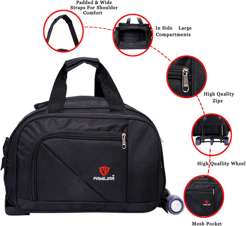 familiar (Expandable) BLACK 22 INCH MEDIUM CHECK IN LUGGAGE TRAVEL BAGS  HIGH QUALITY SUPER PREMIUM TRAVEL DUFFEL BAGS UNISEX Duffel With Wheels
