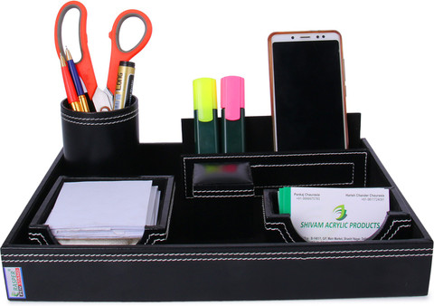 RASPER Compartments Genuine Leather Black Multipurpose Desk Organizer  6-in-1 Desktop Set Pen Stand Holder with Mobile Holder Remote Stand for 