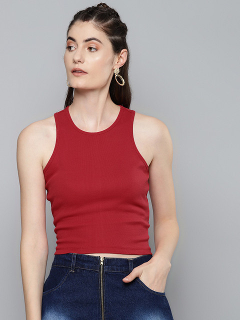 SASSAFRAS Casual Sleeveless Solid Women Red Top