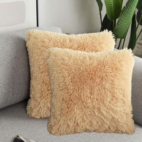 MOOX Real Mongolian Lamb Fur Tibetan Pillow Cover Sheepskin Wool Fur Decorative Throw Pillow Case/Cushion Cover (20x20inch, Gold