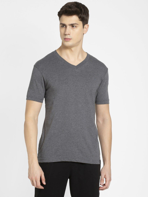 JOCKEY Solid Men V Neck Grey T-Shirt
