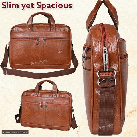 Pramadda Pure Luxury Tan Messenger Bag TopGrain Faux Leather