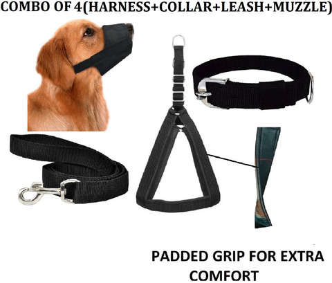 Hachiko Best Quality Dog Padded Belt Harness+Leash+Collar+Dog Mouth  Muzzle(Combo of 4) Dog Harness Leash