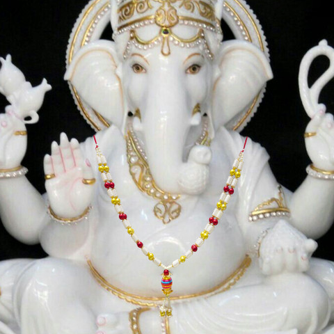 White Ganpati In Jewellery Ayodhya Bhakti Red And Yellow Moti Haar