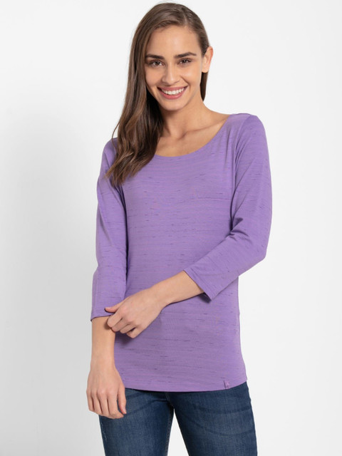 JOCKEY Striped Women Round Neck Purple T-Shirt