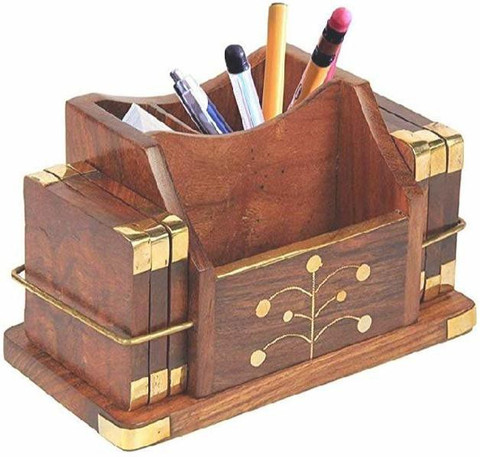 LyqArt Compartments Wooden Wooden Desk Organizer, Pen Stand/Pencil Stand  Business Card Holder Mobile Stand Holder Office Desk Accessories
