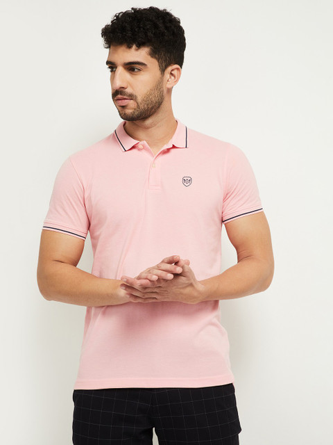 MAX Solid Men Polo Neck Pink T-Shirt