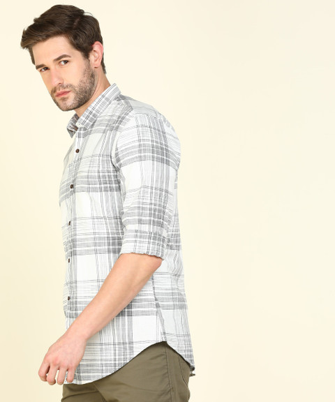 Peter England University Men Checkered Casual White, Black Shirt