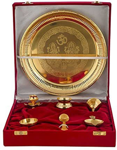 Delhi Gift House Pure Brass Special Puja Thali Set of Items, for
