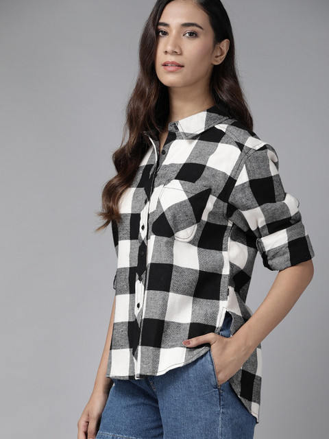 Roadster Women Checkered Casual White, Black Shirt Buy Roadster