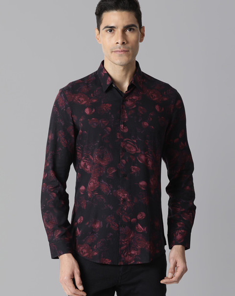 RARE RABBIT Men Floral Print Casual Black Shirt