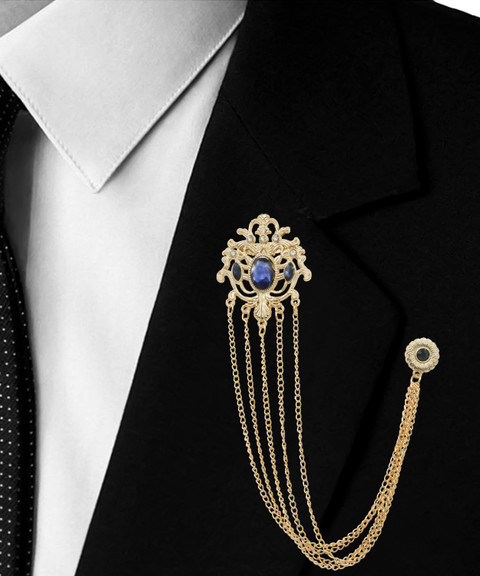 Adorn Golden Long Chain Navy Blue Rhinestone Suit Coat Brooch For